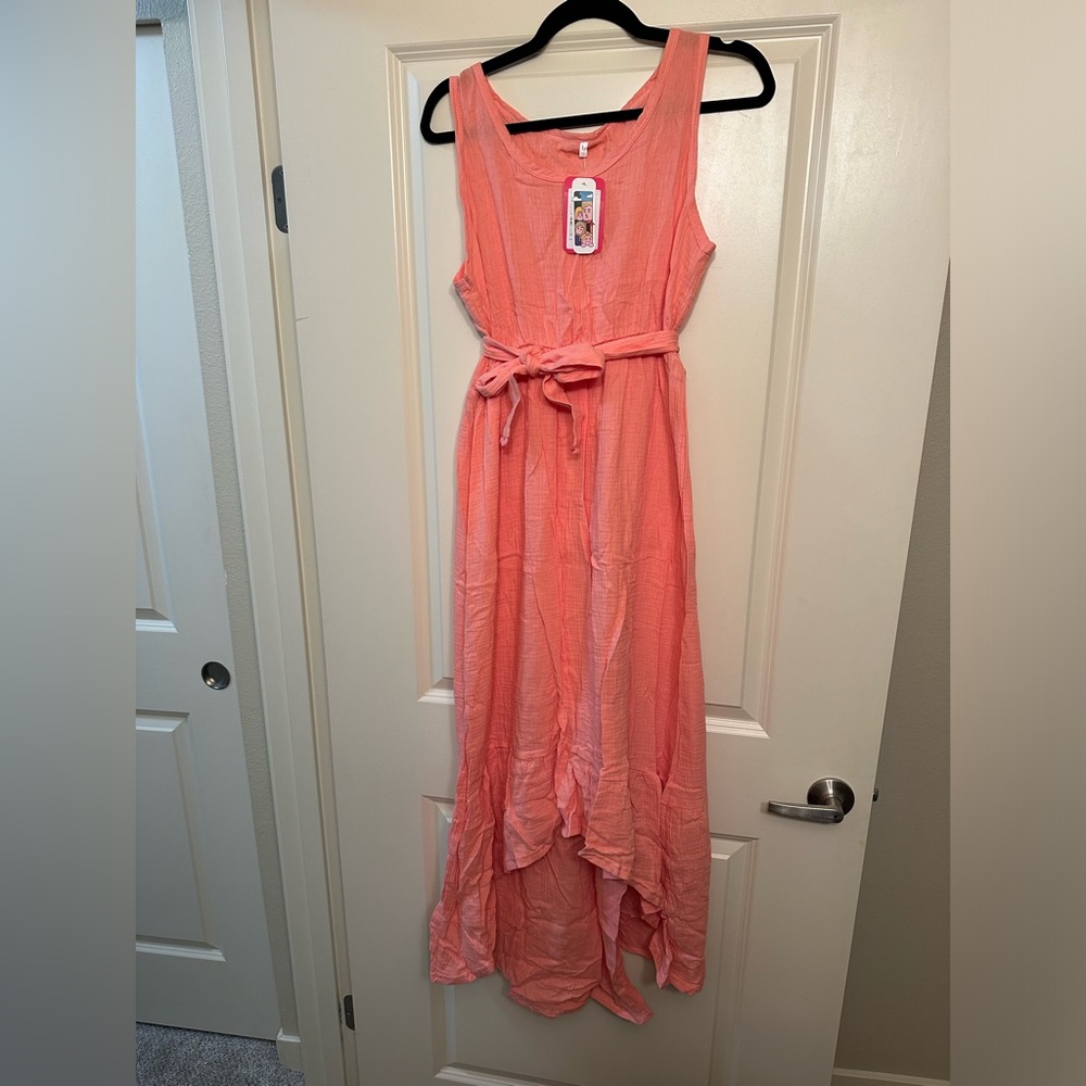 Peach Maxi Summer Dress with Belt. High to low bottom